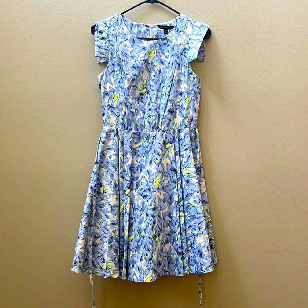 Blue and neon yellow floral fit and flare dress